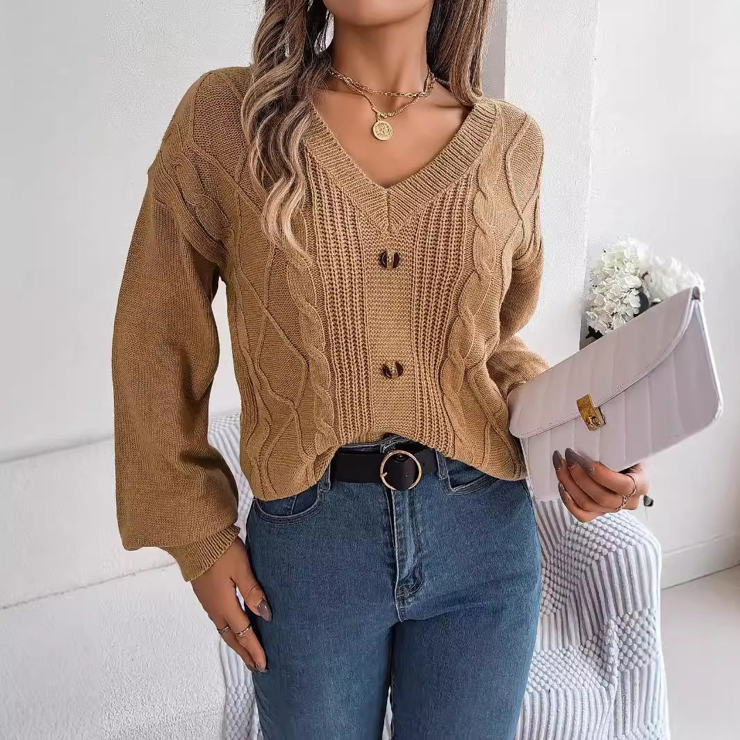 Women's V-Neck Cable-Knit Puff-Sleeve Pullover Sweater – 5 Colors