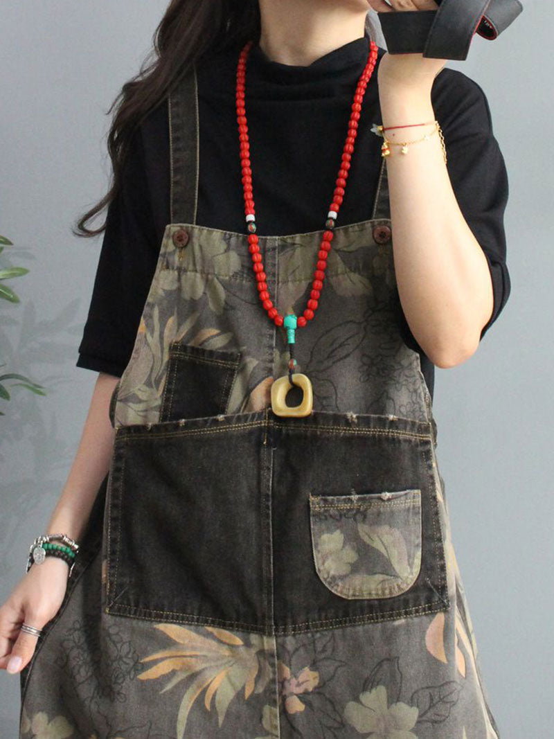 Botanical Print Denim Dungarees - Gathered Cuff Fit
