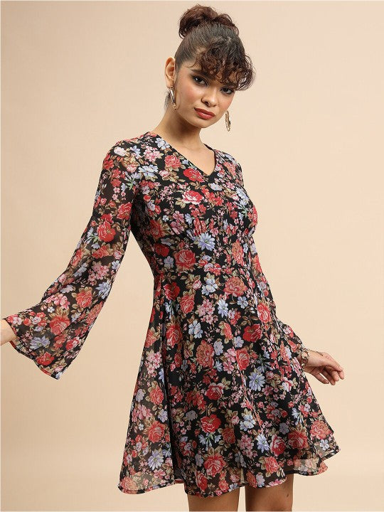 Black & Red Floral Printed Fit & Flare Mini Dress