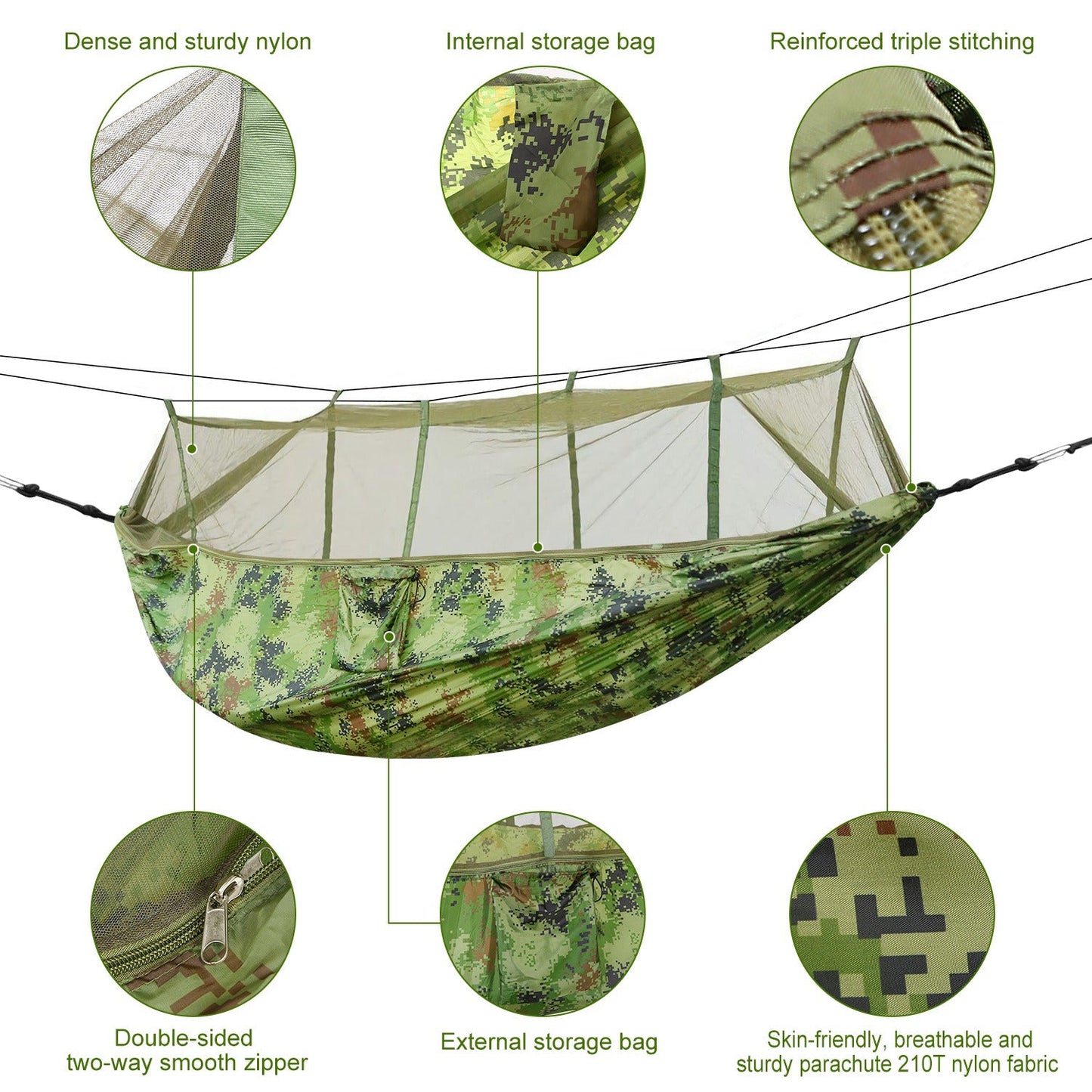 Double Camping Hammock with Mosquito Net – 600 lb Capacity, 210T Parachute Nylon with Straps & Carabiners