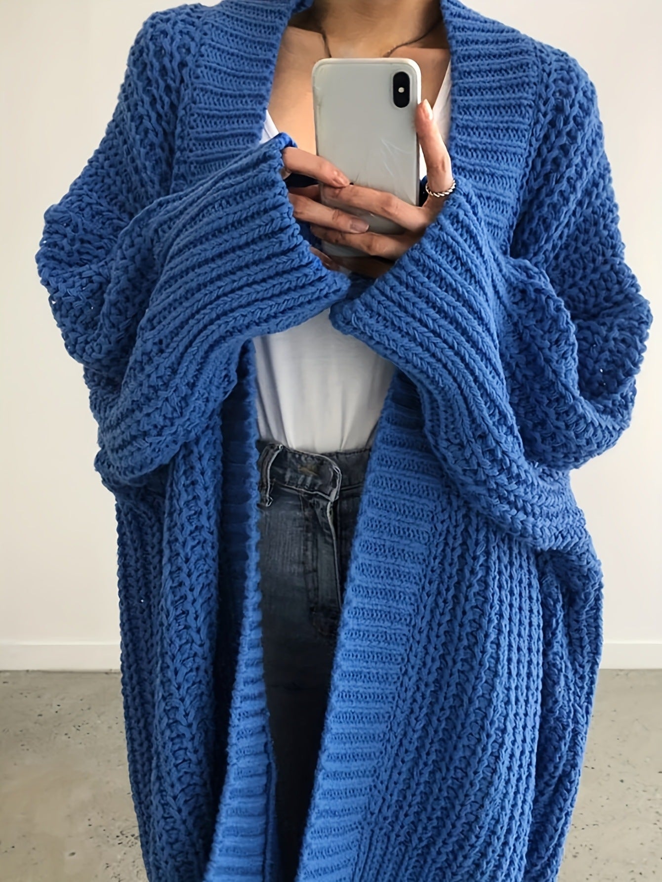 Women's Long Open-Front Knit Cardigan – Blue, Green & Black