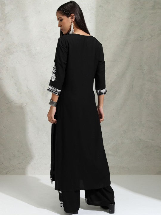 Black Floral Embroidered Straight Kurta with Palazzo