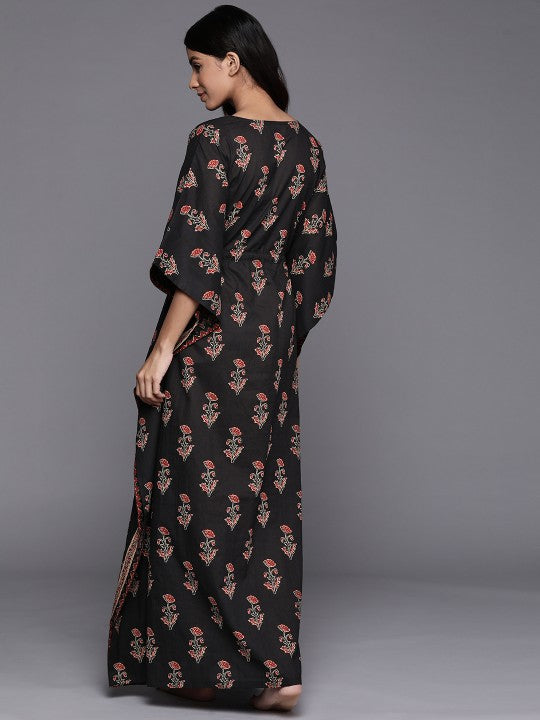 Black Printed Cotton Maxi Nightdress