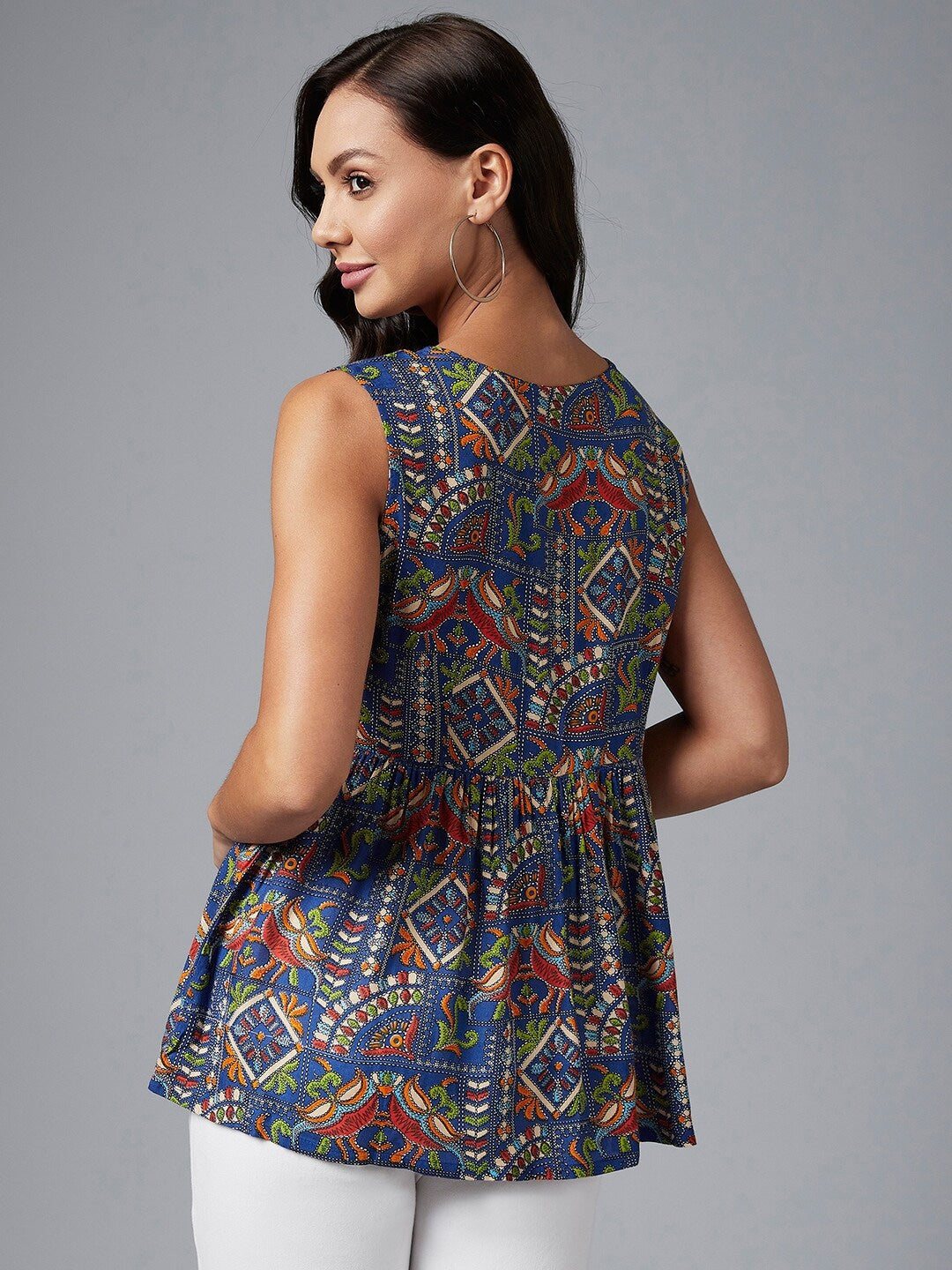 Blue Ethnic Print Empire Top