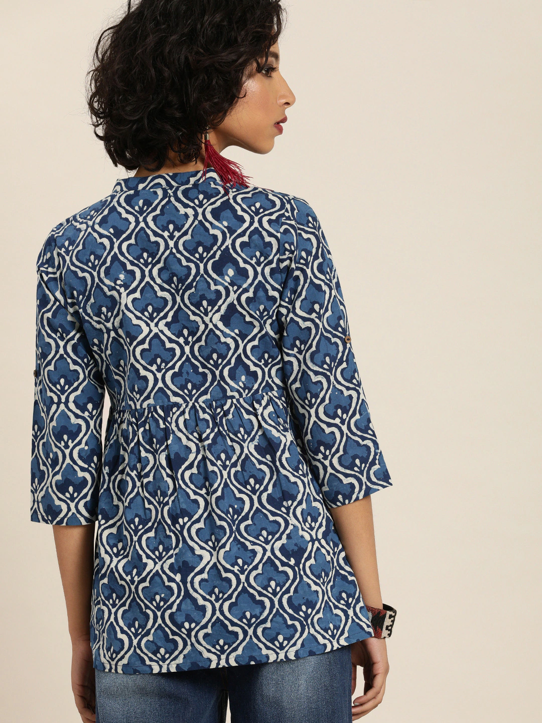 Blue & Off-White Hand Block Print A-Line Top
