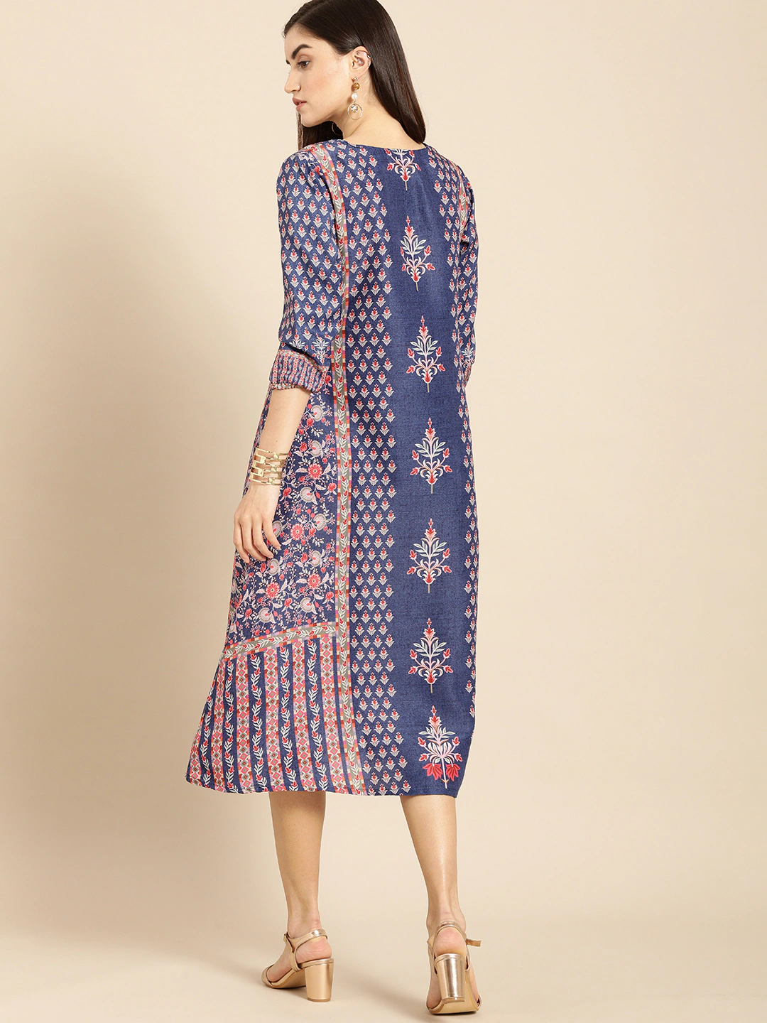 Blue & Pink Floral A-Line Midi Dress
