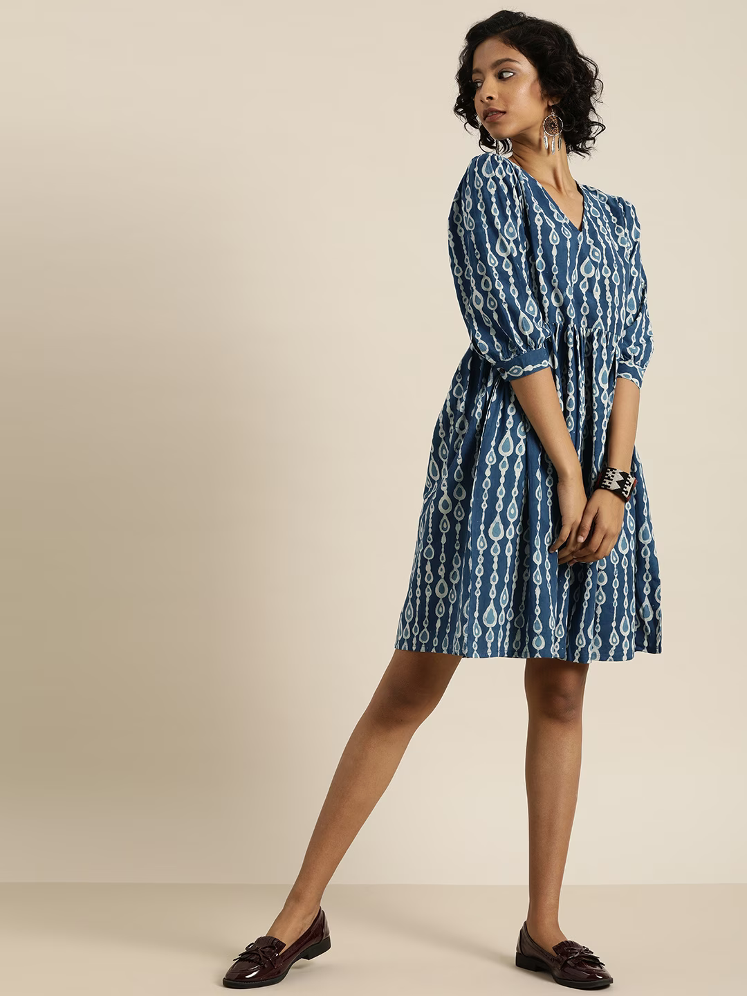 Blue & White Indigo Hand Block Print Empire Sustainable Pure Cotton Ethnic Dress with Gathered Detail