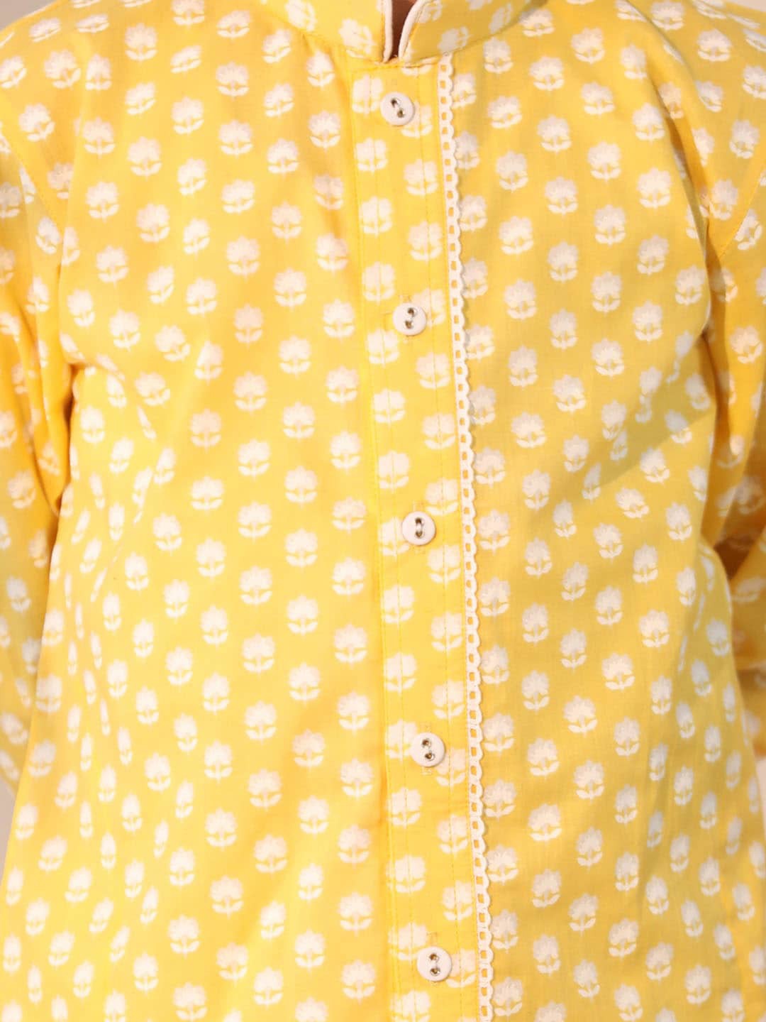Boys Floral Printed Mandarin Collar Regular Straight Kurta With Pyjamas