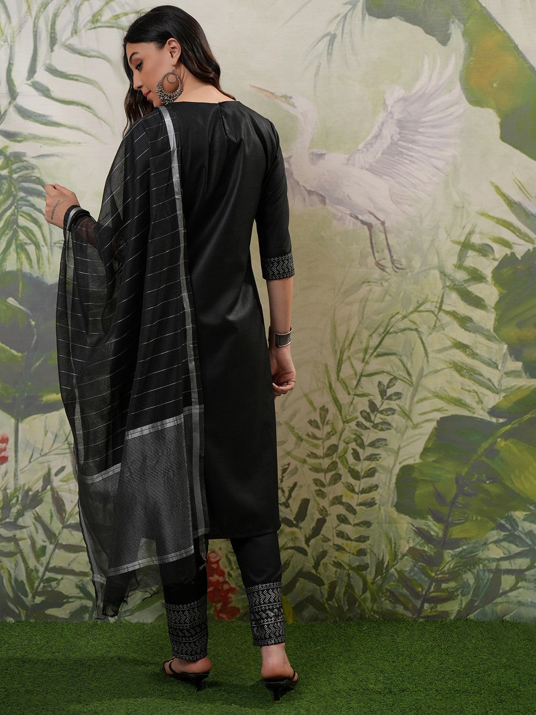 Black Printed Regular Kurta with Trouser & Dupatta