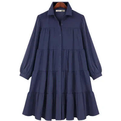 2025 Spring Women Casual Shirt Dresses Loose Office Lady Work Vestidos Soild Color Plus Size 4XL Female Pleated Dress Robe KE211