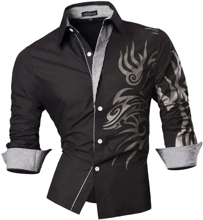 Jeansian Men's Casual Dress Shirts Fashion Desinger Stylish Long Sleeve K371 Black2