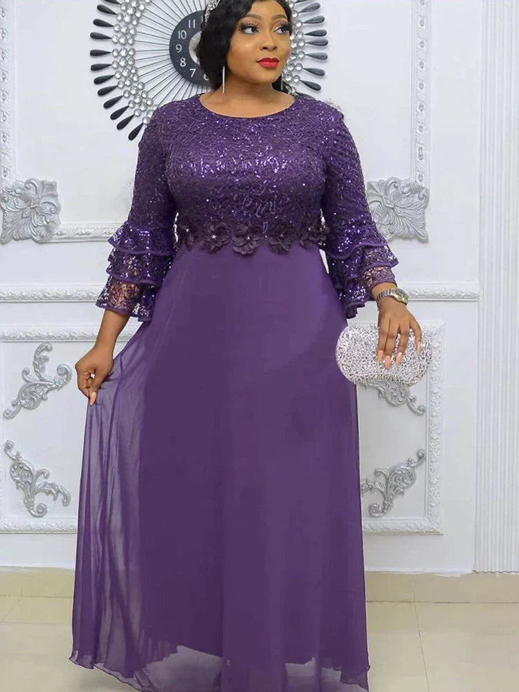 Elegant Women Evening Dresses Luxury Sequin Chiffon Long Dress African Dashiki Outfits Party Prom Birthday Gowns Female Clothing