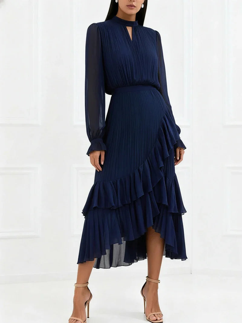 Elegant Ruffle Long Sleeve Dress for Women Chic Spring Summer Layered A Line Dress Lady Pleated Verstidos Prom Party Gowns