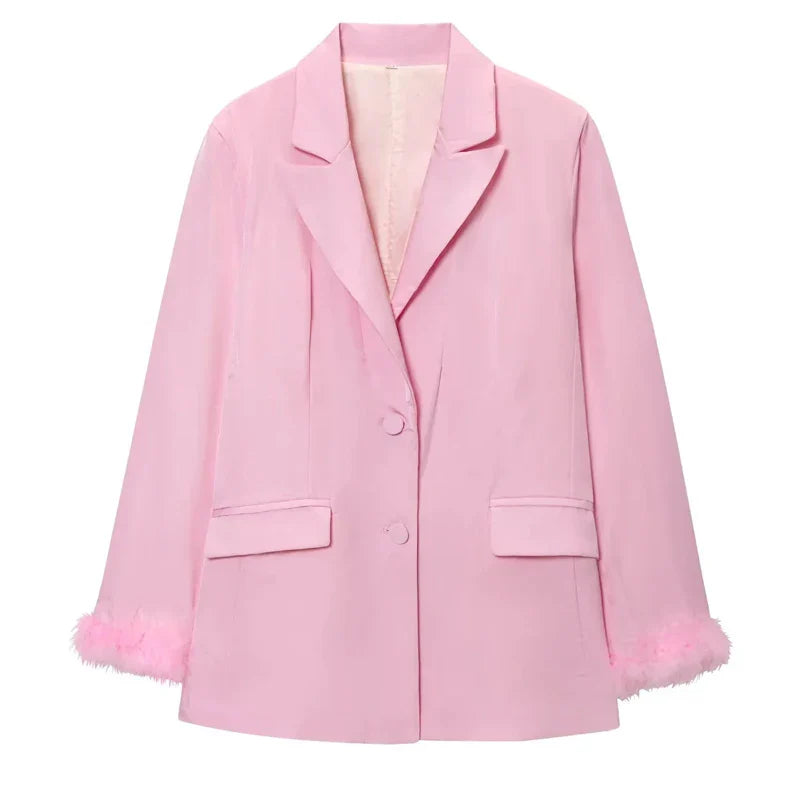 HXAO Woman Suits Blazer And Pants Feathe Long Sleeve Formal Pants Sets 2 Piece Set Office Casual Pink Suit Blazer Sets Two-Piece