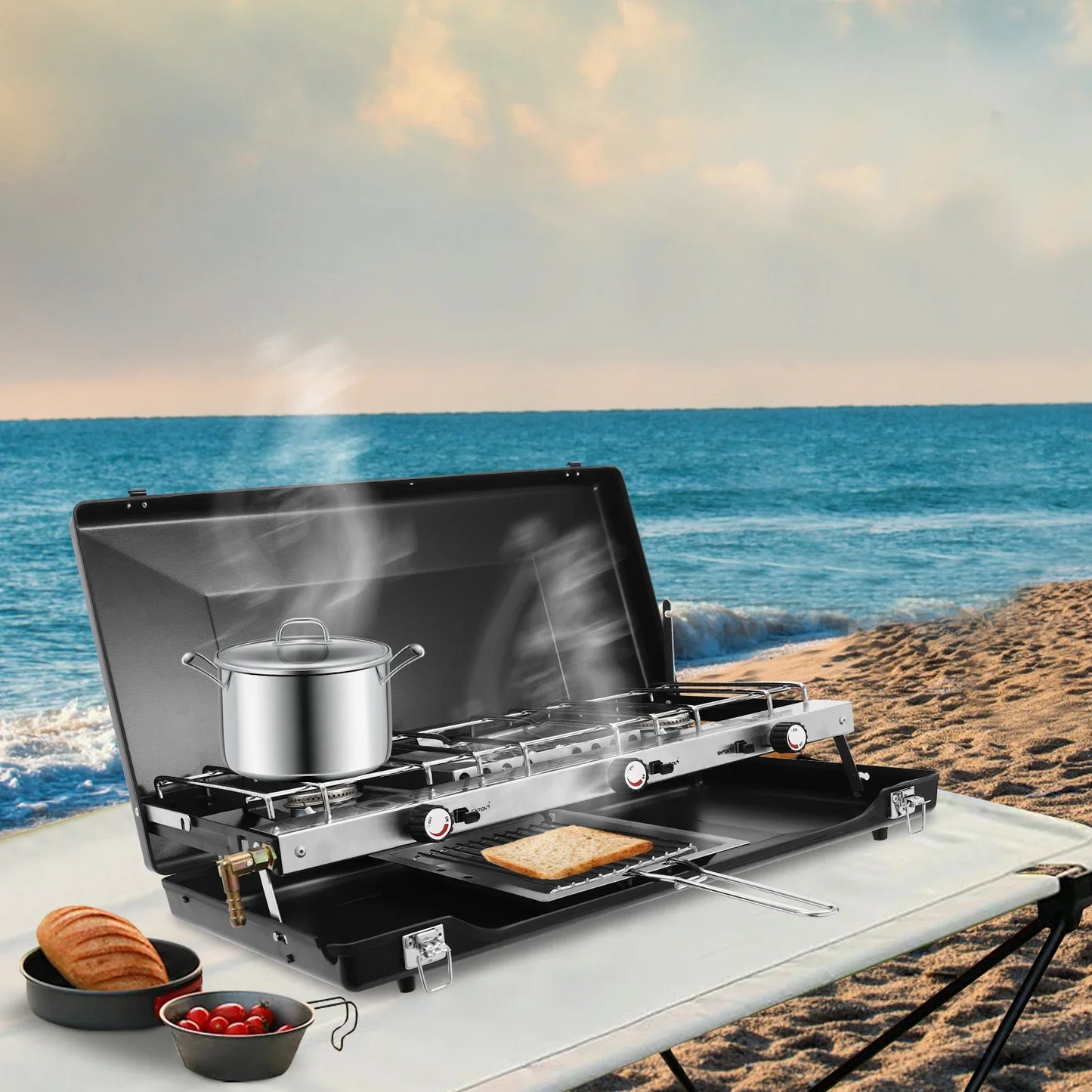 3-Burner Portable Camping Stove – 4.5kW, Piezo Ignition, Propane/Butane, No Assembly