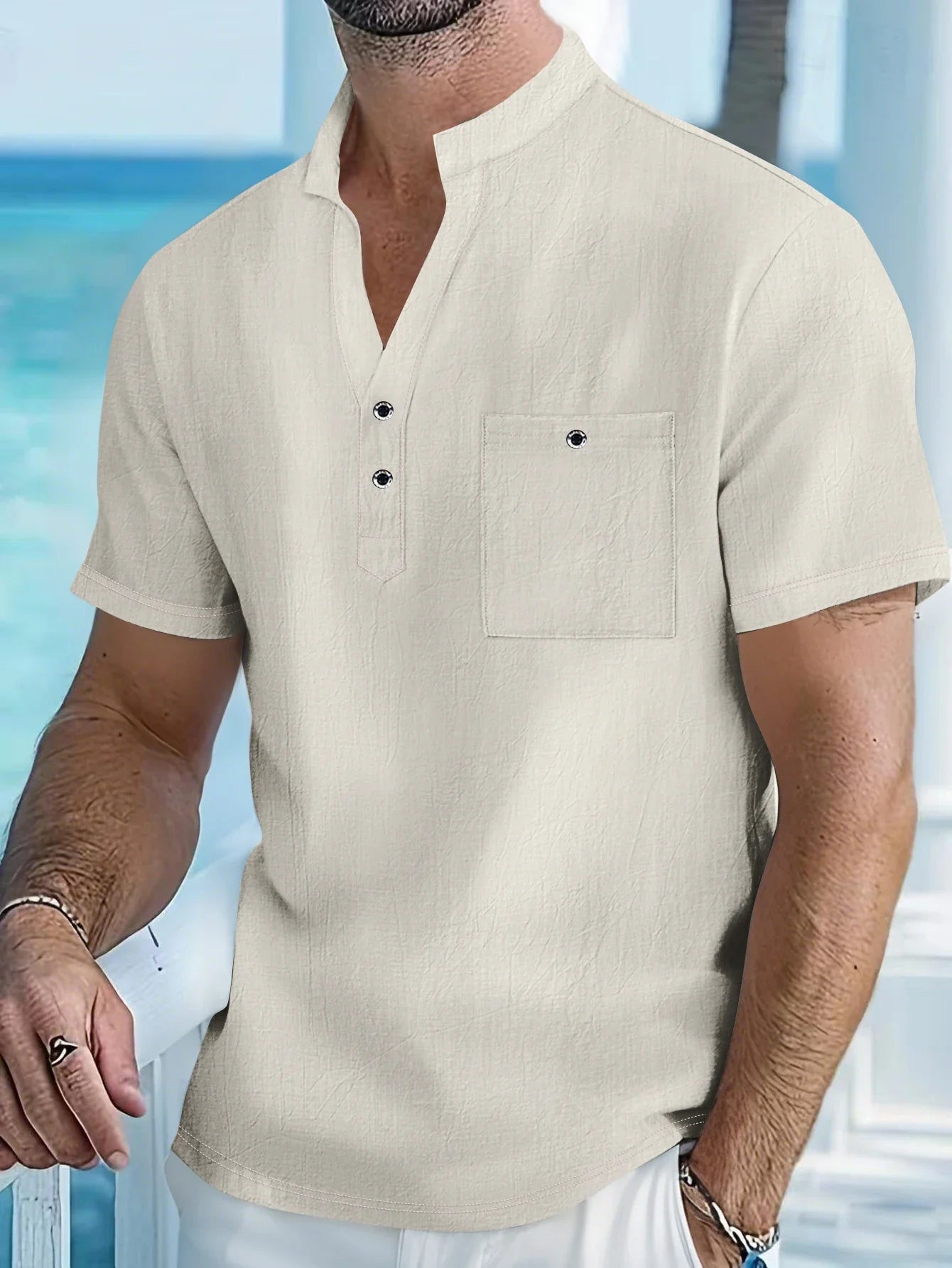 Men's Cotton Linen Short-Sleeve Shirt with Stand Collar & Half-Button Placket - Casual Outdoor Leisure Wear for Spring and Summe