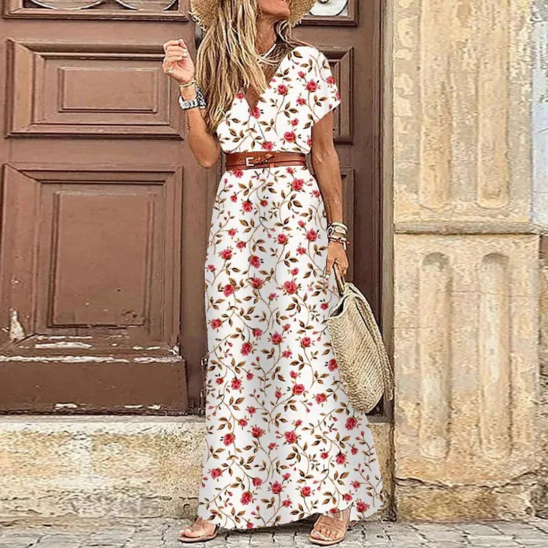 Elegant Floral Pleated H shaped Midi Dress Female V Neck Puff Sleeve Waist Ruched Button Dresses Women Summer Dress Robe