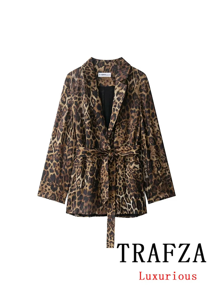 KONDALA Vintage Leopard Print Women Suits V Neck Sashes Long Sleeve Oversized Blazer+Wide Leg Pants Fashion 2025 Autumn Suits