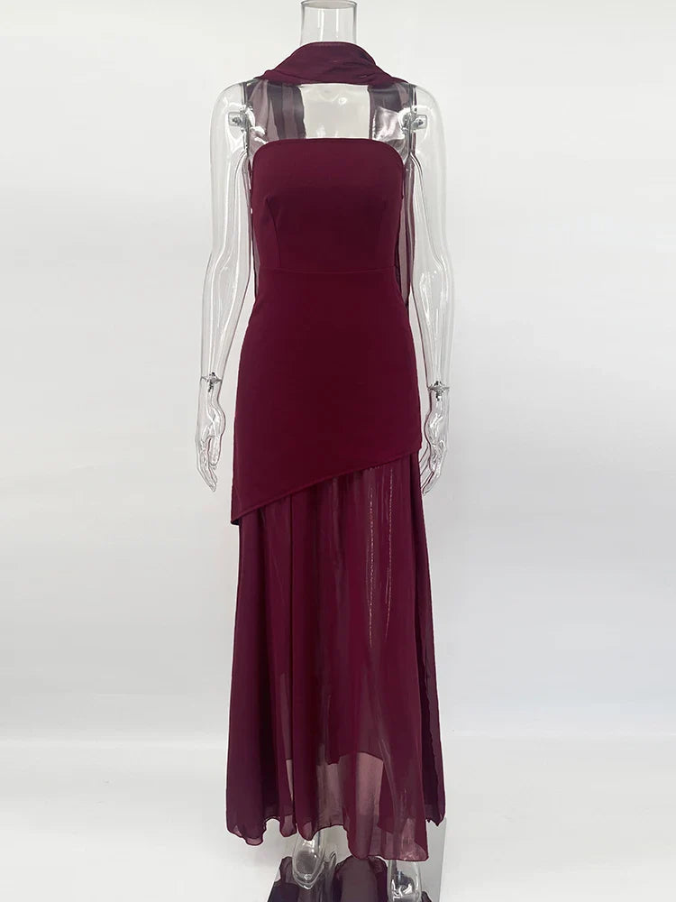 TARUXY Fashion Strapless Dress With Ribbon Female Elegant Sleeveless Mesh Beach Vacation Long Dress 2025 Spring New Women Dress