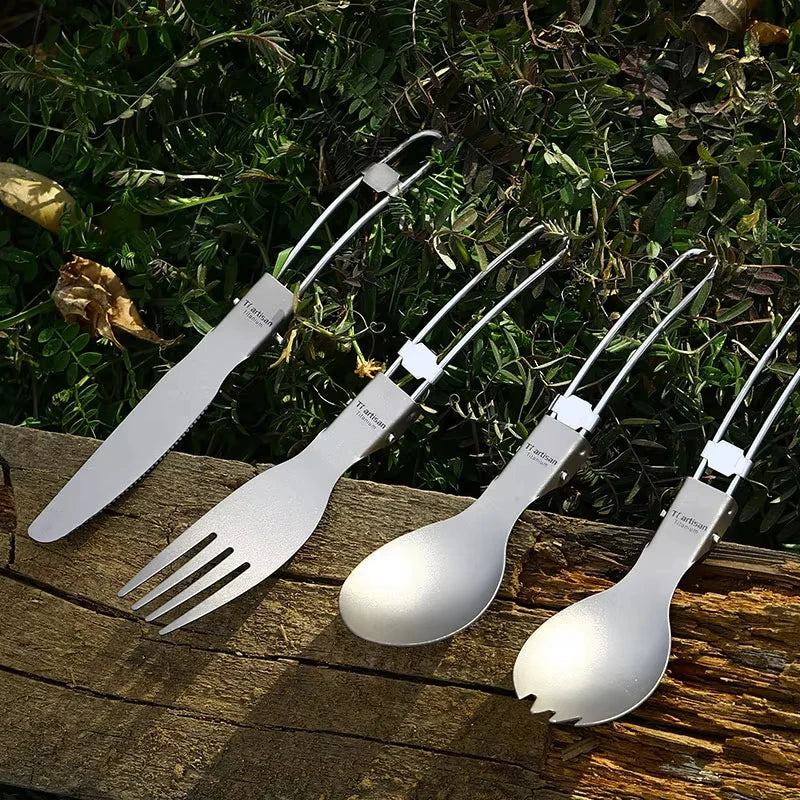 Tiartisan Titanium Foldable Cutlery Set - Portable Fork Spoon Knife for Outdoor Camping Hiking