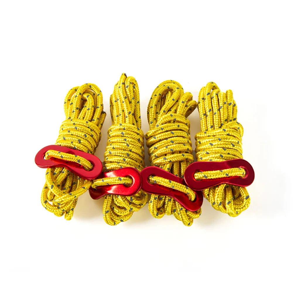 Reflective Tent Guy Ropes – 4pcs, 4mm × 2m, High-Strength with 2-Hole Tensioner Buckle