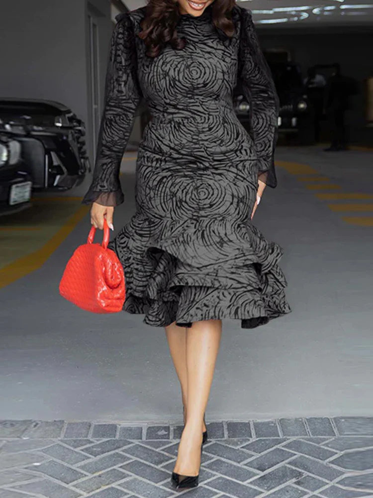 Long Sleeve Midi Dress Woman Ruffled Around Sexy Tight Dress with Lace Sleeves Elegant Party Girl Dress Dropshipping Wholesale