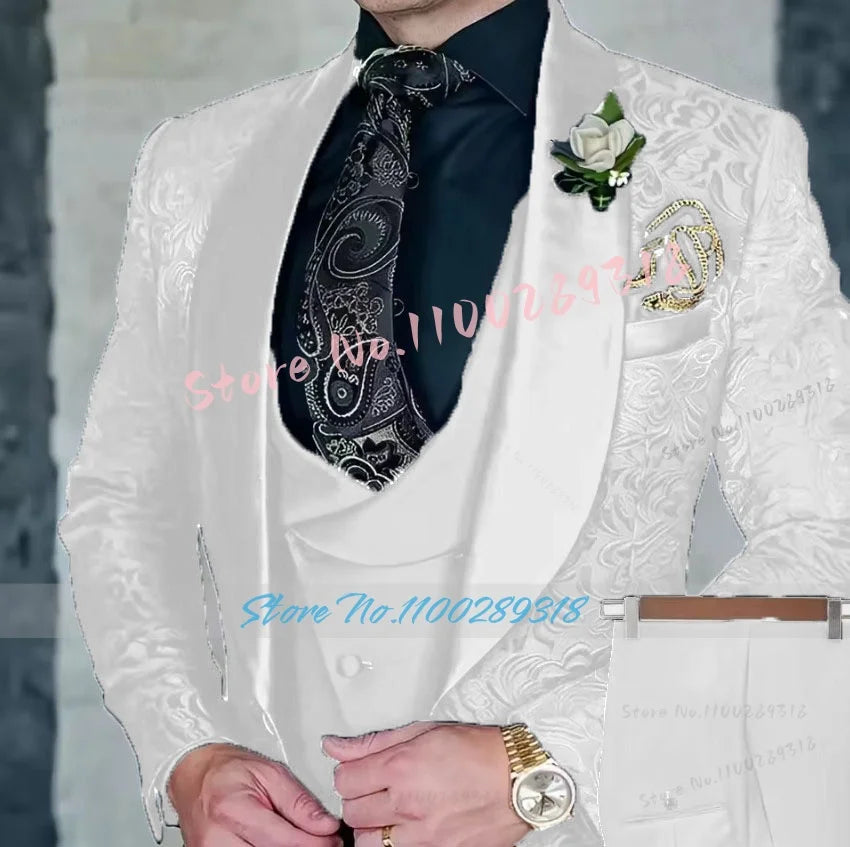 Jacquard Men's 3-piece Suit Set Formal Party Dress Groom Tuxedo High Quality Elegant Men Terno Masculino Costume Homme Mariage