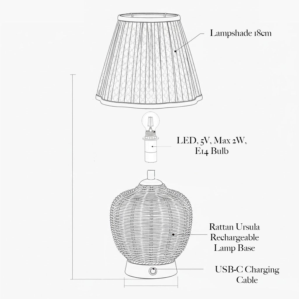 Rattan Ursula Rechargeable Lamp with Cobalt & Red Lotus Shade (18cm)