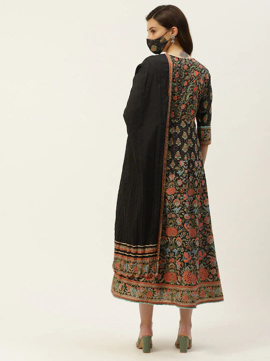 Black & Red Ethnic Motifs Ethnic Maxi Dress with Dupatta