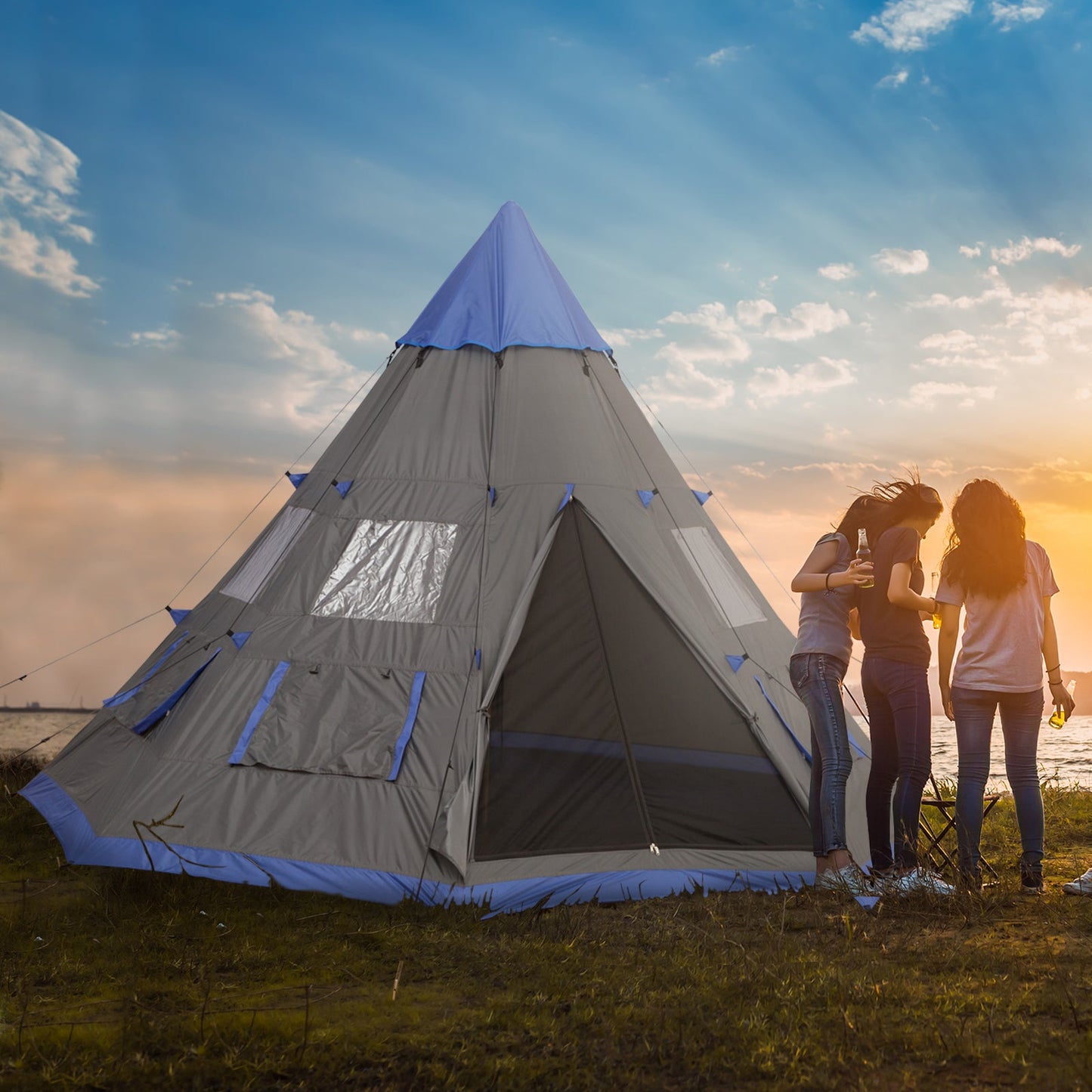 6–7 Person Teepee Camping Tent – 12ft Waterproof 3-Season Tent with 8 Mesh Windows