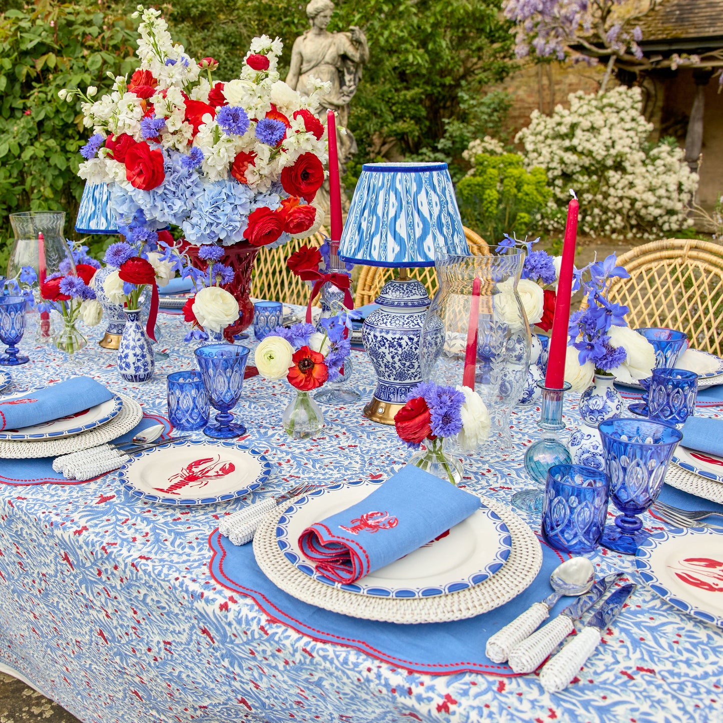 Blue Lobster Embroidered Linen Napkins (Set of 4)