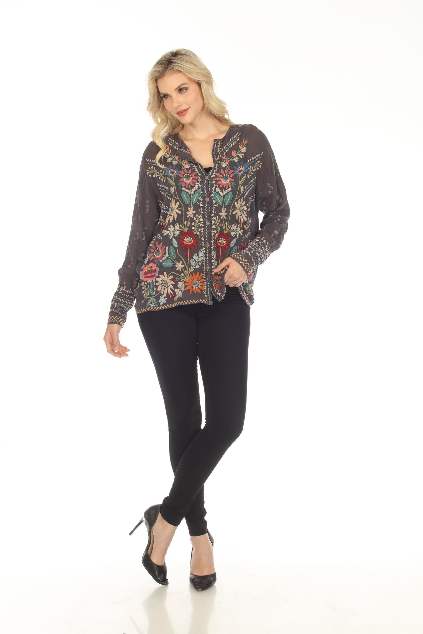Johnny Was Cassia Button-Down Floral Embroidered Blouse Boho Chic C17823 *