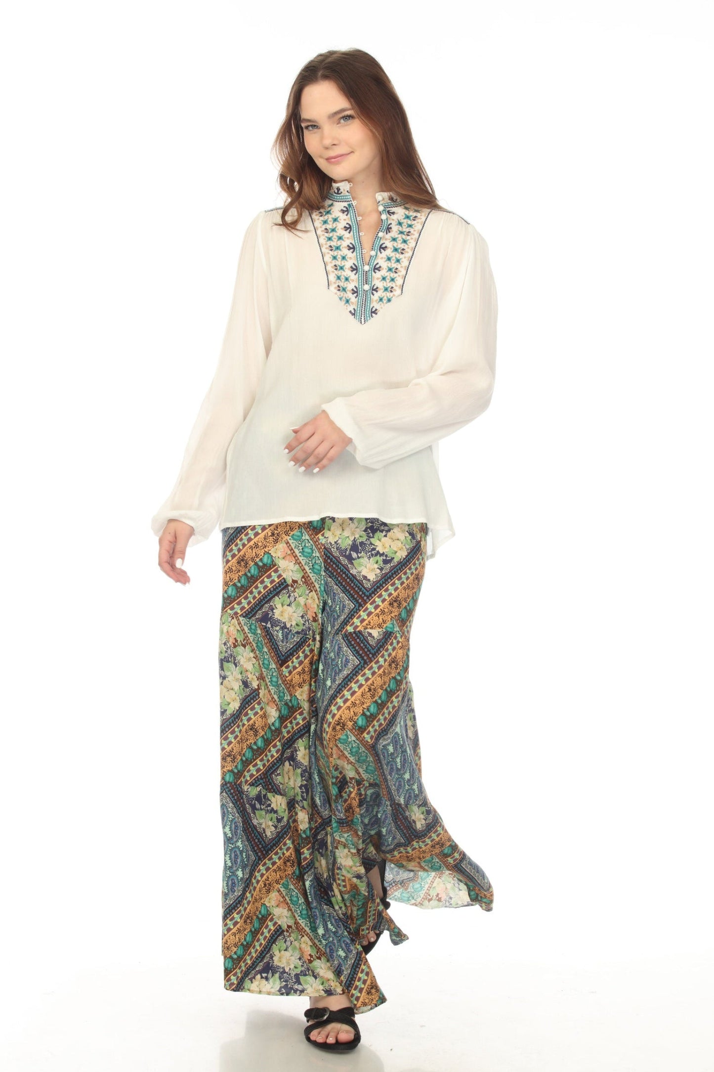 Johnny Was Love White Paola Embroidered Henley Blouse L13722