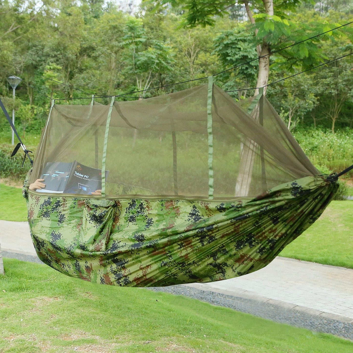 Double Camping Hammock with Mosquito Net – 600 lb Capacity, 210T Parachute Nylon with Straps & Carabiners