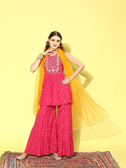 Bandhani Embroidered Pleated Mirror Work Kurti with Sharara & Dupatta