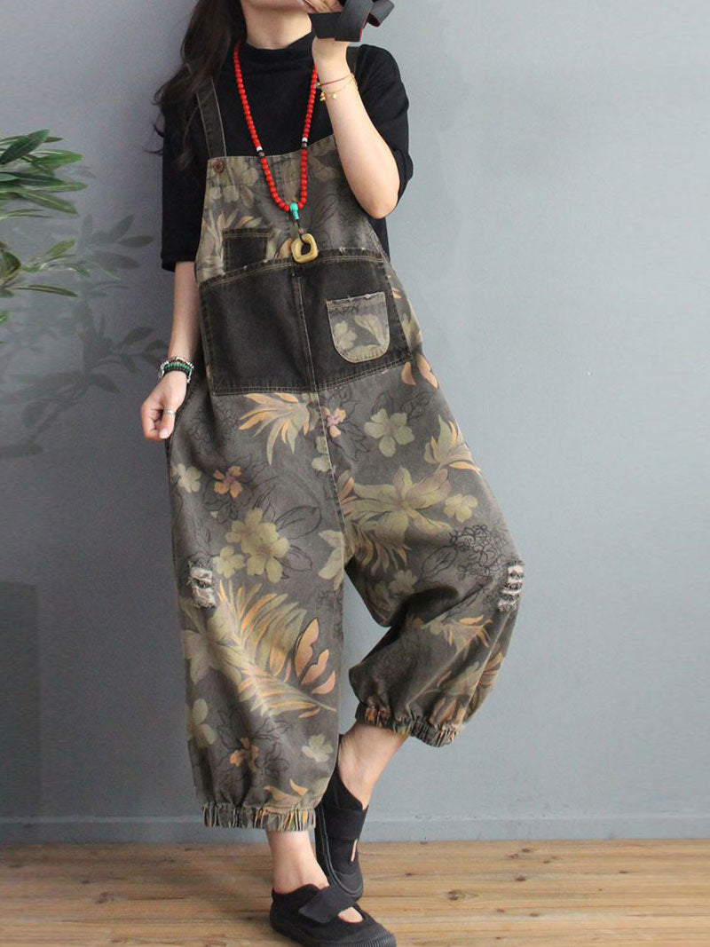 Botanical Print Denim Dungarees - Gathered Cuff Fit