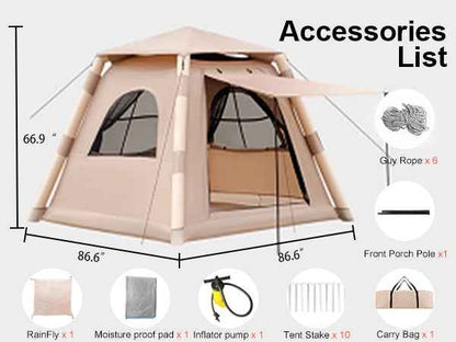 2–4 Person Quick-Inflate Camping Tent – Waterproof Oxford with Mesh Windows & Carry Bag | Khaki