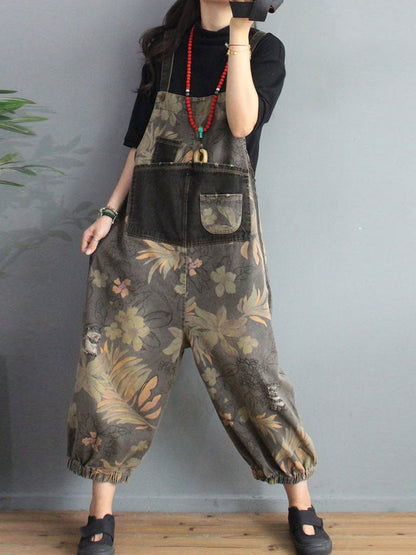 Botanical Print Denim Dungarees - Gathered Cuff Fit