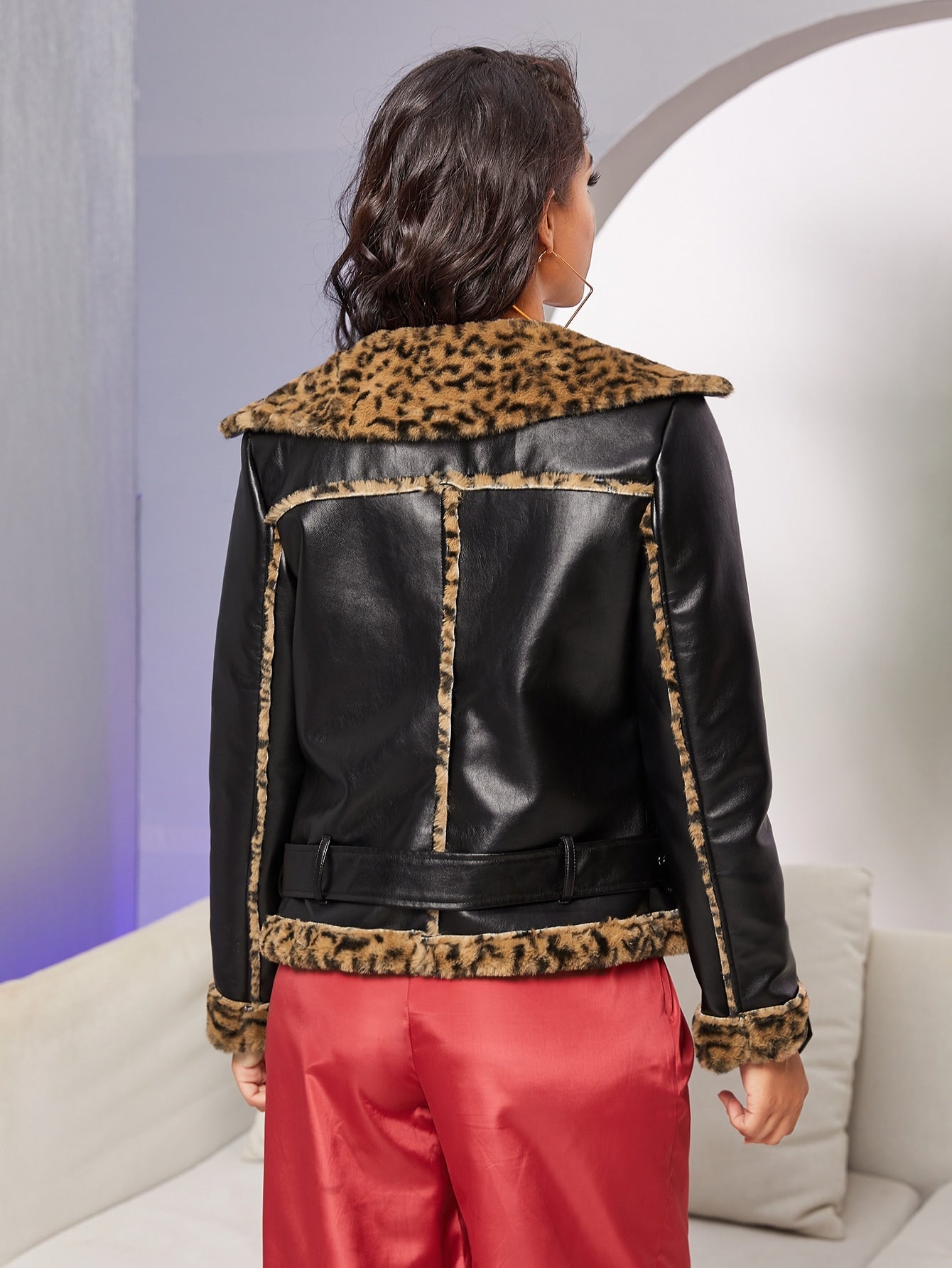 Belted Hem Leopard Faux Shearling Biker Jacket