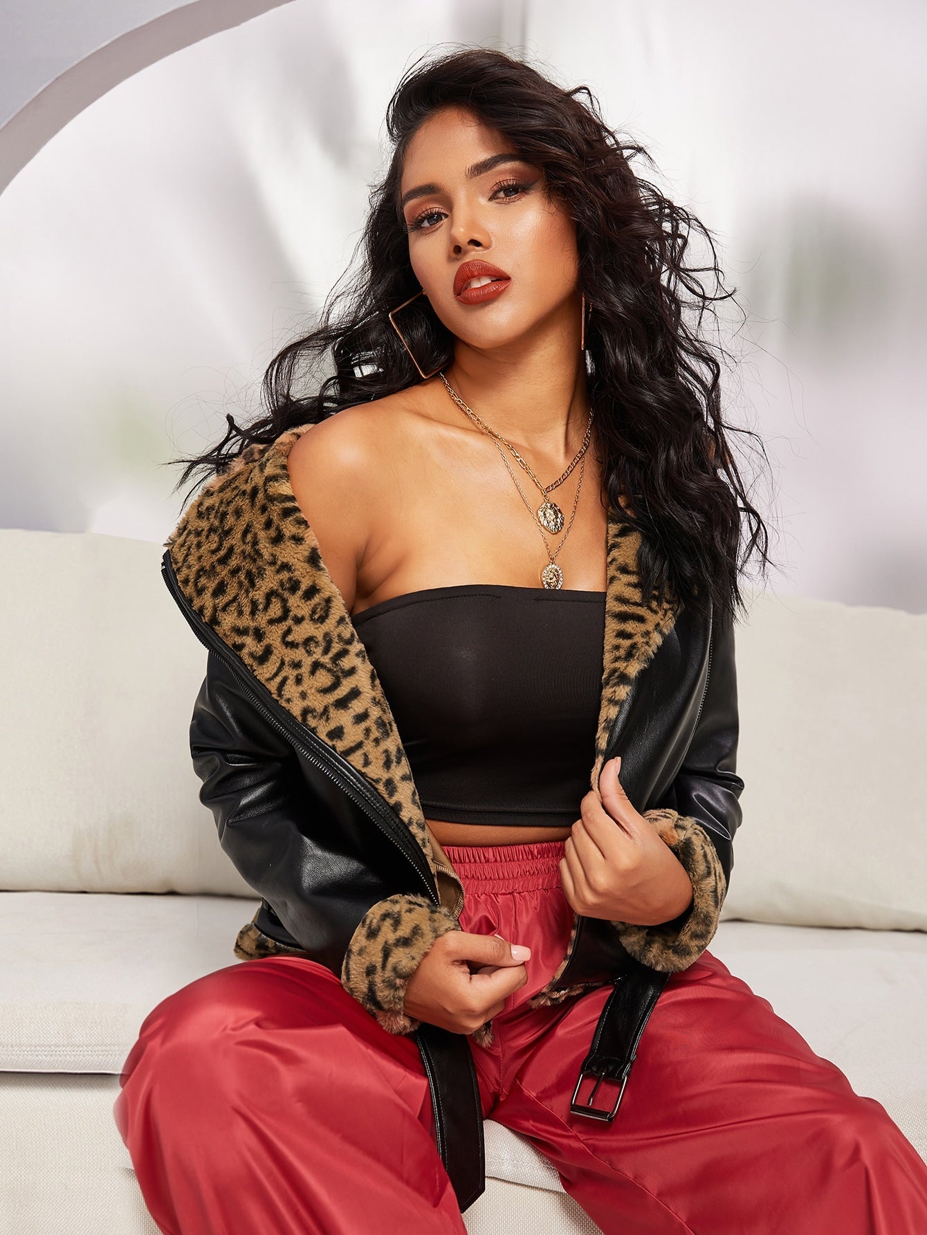 Belted Hem Leopard Faux Shearling Biker Jacket