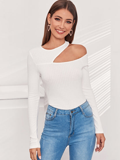 Asymmetric Cutout Neck Ribbed T-shirt
