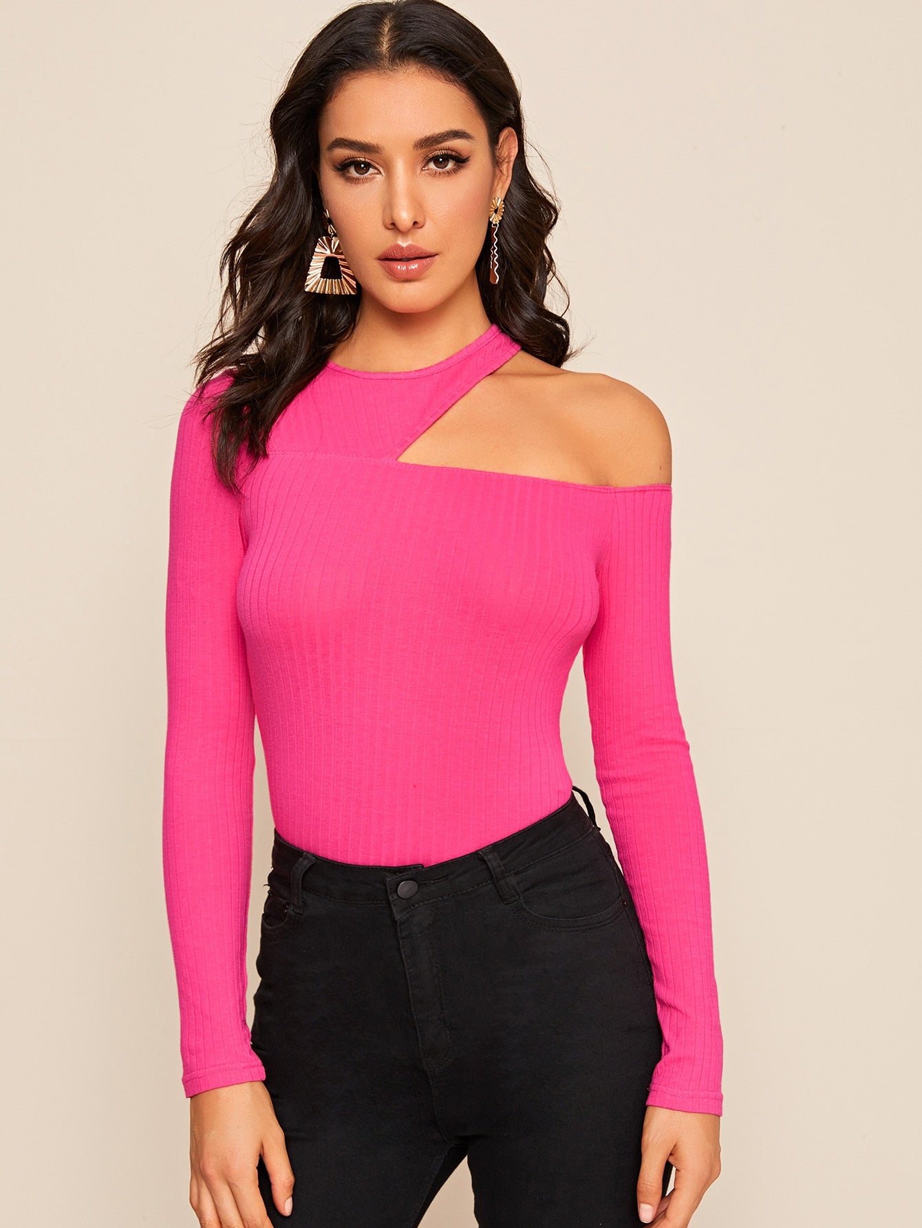 Asymmetric Cutout Neck Ribbed T-shirt