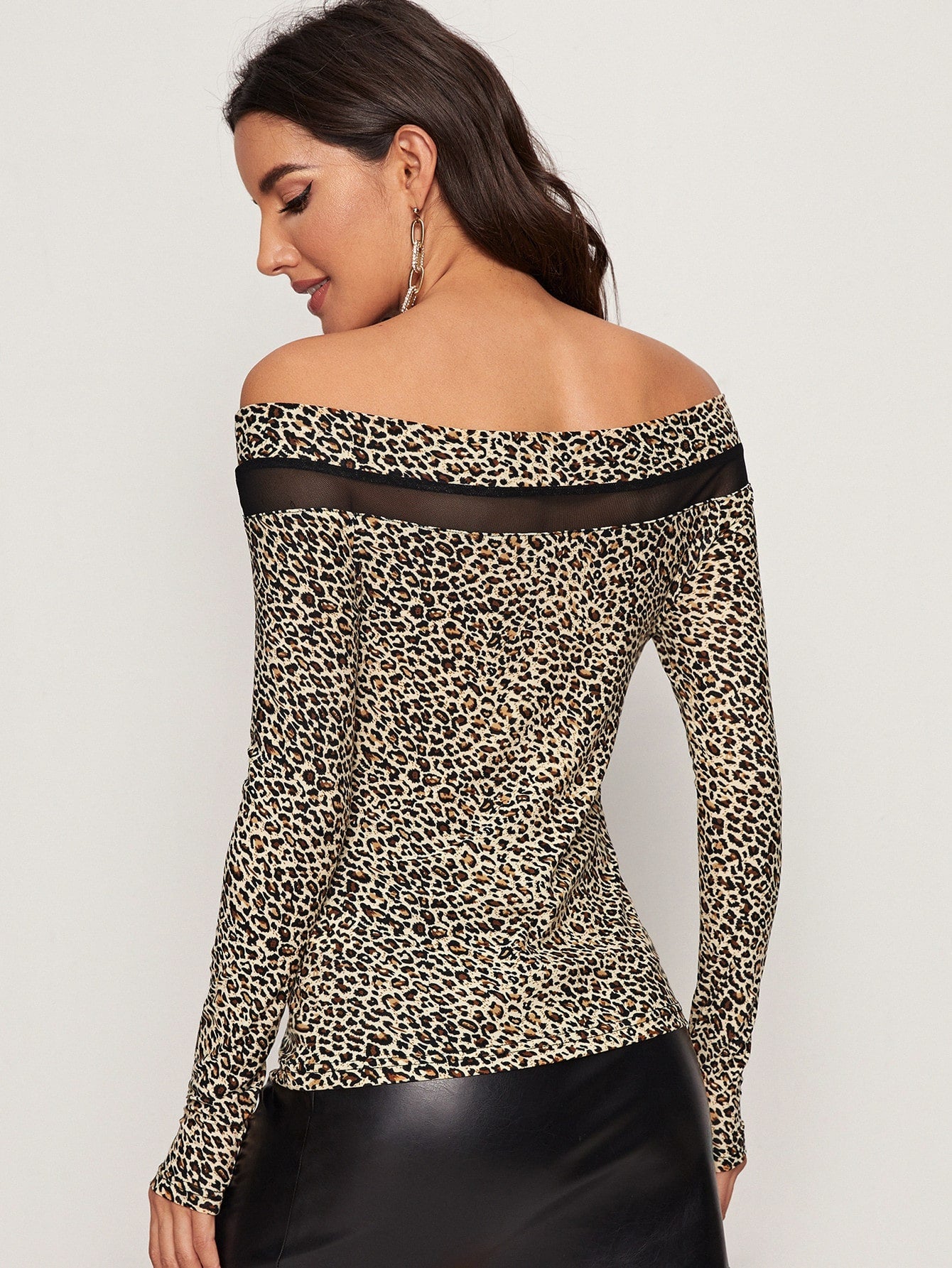Boat Neck Mesh Insert Leopard Top