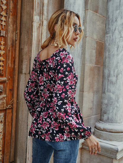 Allover Floral Sweetheart Neck Peplum Top