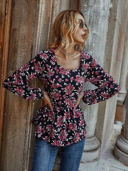 Allover Floral Sweetheart Neck Peplum Top