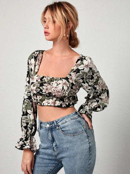 Allover Floral Square Neck Crop Top