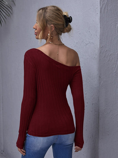 Asymmetrical Neck Button Detail Form Fitted Tee