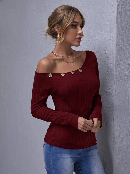 Asymmetrical Neck Button Detail Form Fitted Tee