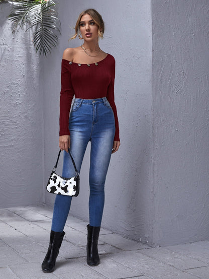 Asymmetrical Neck Button Detail Form Fitted Tee