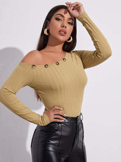 Asymmetrical Neck Button Detail Form Fitted Tee